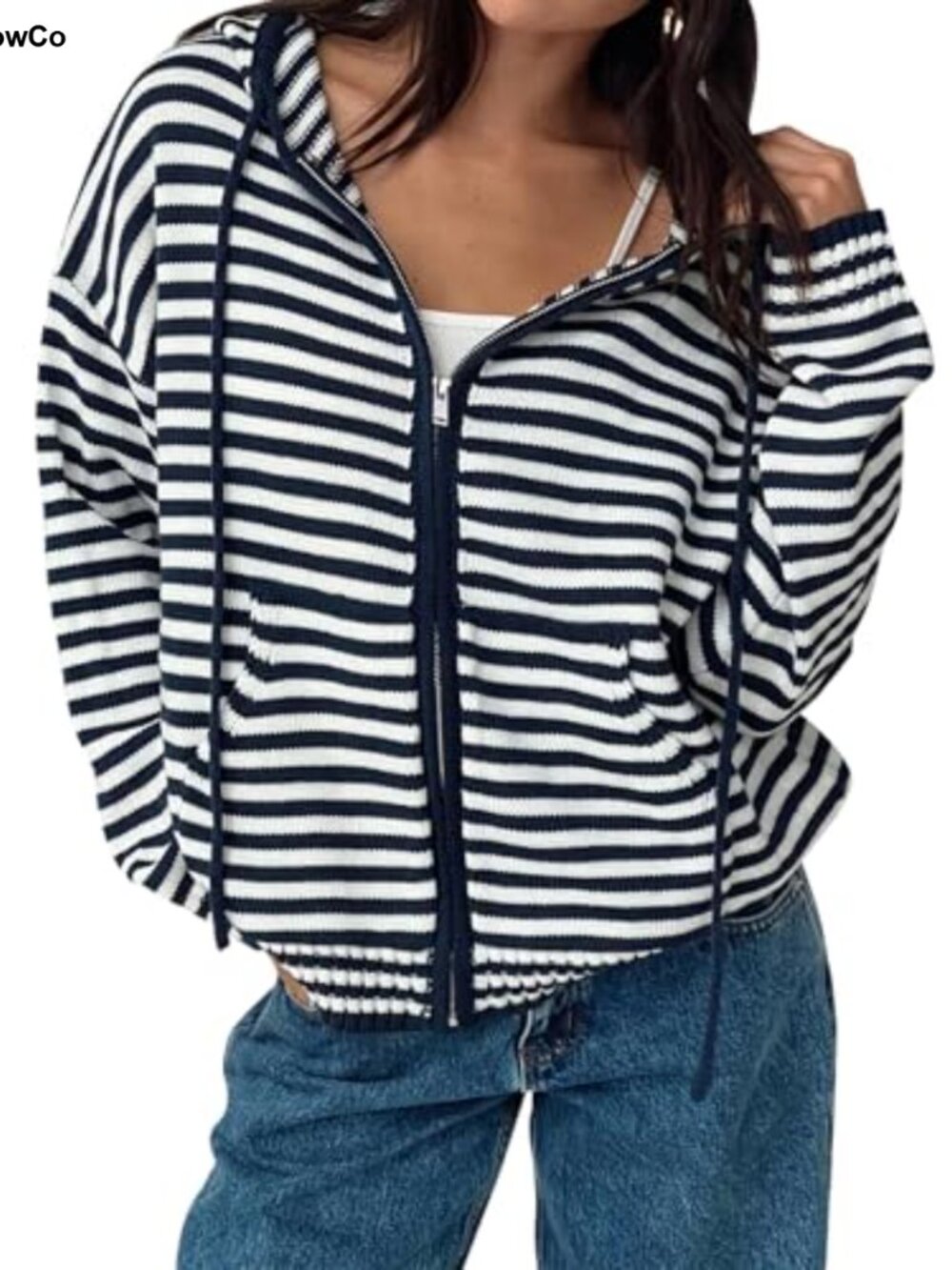 Oversized Striped Zip-Up Cardigan Hoodie Crop Sweater Jacket